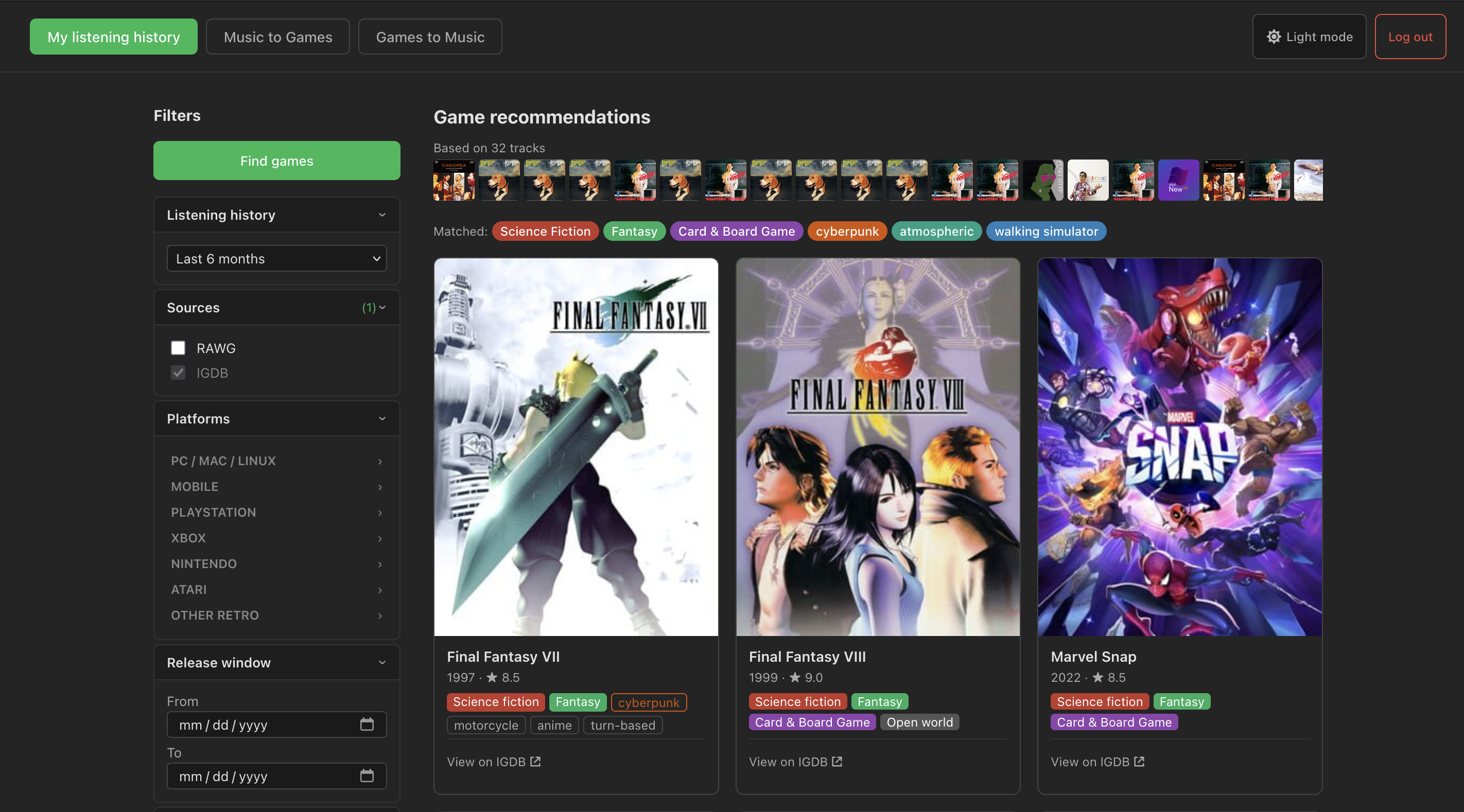 Screenshot of Game-Music Recommender