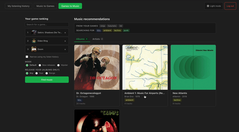 Games List to Music (Albums/Artists) Recommendation B